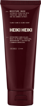 Heiki Heiki Moisture Mask, ciemnobrązowa tuba do intensywnego nawilżania włosów Ylang Ylang & Elemi, widok z przodu.