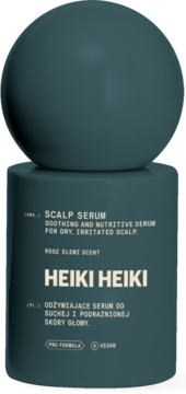 Heiki Heiki Scalp Serum, soothing and nutritive, w ciemnoturkusowej butelce z kulistą nakrętką, widok z przodu.