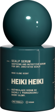 Heiki Heiki, odżywcze serum do suchej skóry głowy w turkusowej butelce z okrągłą, błyszczącą nakrętką, przód.