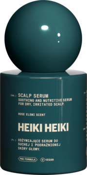 Heiki Heiki, odżywcze serum do suchej skóry głowy w turkusowej butelce z okrągłą, błyszczącą nakrętką, przód.