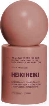 HEIKI HEIKI rewitalizujące serum do włosów o zapachu yuzu i anyżu, w brązowej butelce z okrągłą nakrętką, widok z przodu.