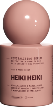 Heiki Heiki rewitalizujące serum do włosów, multiwitaminowy kompleks na siłę i nawilżenie. Różowa butelka, front.