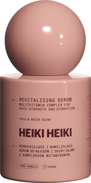 Heiki Heiki rewitalizujące serum do włosów, multiwitaminowy kompleks na siłę i nawilżenie. Różowa butelka, front.