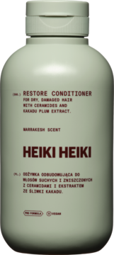 Matte light green Heiki Heiki Restore Conditioner bottle for dry, damaged hair, Marrakesh scent, front view.