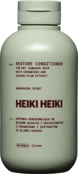 Zielona odżywka Heiki Heiki Restore dla suchych włosów, z ceramidami i śliwką kakadu, widok z przodu.