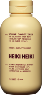 Heiki Heiki Volume Conditioner w beżowej butelce z pompką, zapach mimosa & eukaliptus, widok z przodu.