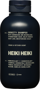 Ciemna butelka szamponu Heiki Heiki Density, wzmacniającego włosy, z adenozyną i mikroalgami, widok z przodu.