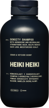 Heiki Heiki Density Shampoo w czarnej butelce, widok z przodu. Wzmacnia włosy, zapach cedr i wetiwer.