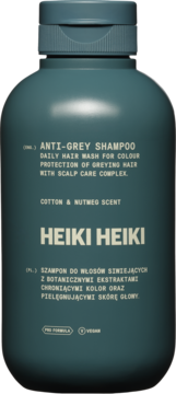 Heiki Heiki Anti-Grey Shampoo, ciemnozielona butelka z pompką, widok z przodu, zapach Cotton & Nutmeg.