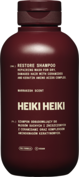 HEIKI HEIKI Restore Shampoo Marrakesh, ciemnoczerwona butelka z białym tekstem, widok z przodu.