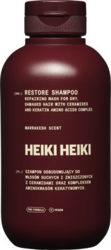 Ciemnoczerwony szampon Heiki Heiki Restore, odbudowujący dla włosów suchych i zniszczonych, z przodu.