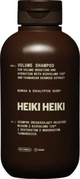 Brązowy szampon Heiki Heiki Volume do włosów, widok z przodu, z napisem Biovolume 128 i Vegan.