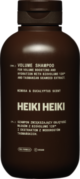 Ciemnobrązowa butelka szamponu Heiki Heiki zwiększającego objętość z ekstraktem BioVolume 128, widok z przodu.