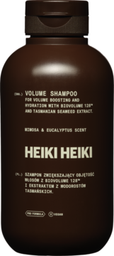 Ciemnobrązowa butelka szamponu Heiki Heiki zwiększającego objętość z ekstraktem BioVolume 128, widok z przodu.