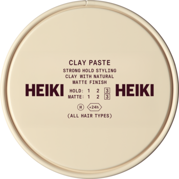 HEIKI Clay Paste, mocno utrwalająca glinka do stylizacji włosów, naturalny mat, okrągły beżowy pojemnik, widok z góry.