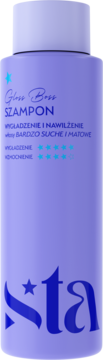 Fioletowa butelka szamponu Stars from The Stars Gloss Boss, wygładza i nawilża suche włosy, widok z przodu.