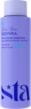 Fioletowa odżywka Gloss Boss do włosów suchych, butelka z logo 'sta', widok z przodu, z napisami 'Wygładzenie'.