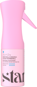 Różowa butelka sprayu Stars from the Stars Slay & Spray, odżywka Glossy Bombshell, widok z przodu.