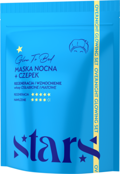 Niebieska saszetka Stars Maska Nocna + Czepek (Overnight Glowing Set) do regeneracji włosów osłabionych i matowych.