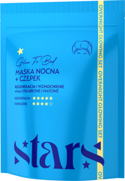 Niebieska saszetka Stars Maska Nocna + Czepek (Overnight Glowing Set) do regeneracji włosów osłabionych i matowych.