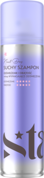 Jasnofioletowy suchy szampon Meet Day Stars w cylindrycznej puszce, widok z przodu z białymi napisami.