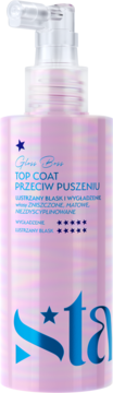Różowa butelka sta TOP COAT przeciw puszeniu, z przezroczystą pompką i niebieskim logo, widok z przodu.
