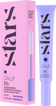 Różowe pudełko i fioletowa tubka żelu Stars Slick It do wygładzania baby hair, ze szczoteczką do aplikacji.