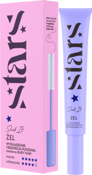 Różowe pudełko i fioletowa tubka żelu Stars Slick It do wygładzania baby hair, ze szczoteczką do aplikacji.