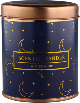 Cylindryczna, granatowa świeca zapachowa Winter Night w metalowej puszce ze złotymi księżycami i napisem.