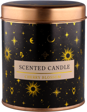 Czarna metalowa puszka świecy zapachowej Cherry Blossom, ze złotymi celestianymi symbolami i napisem.