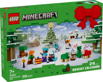 Zielone pudełko LEGO Minecraft Kalendarz Adwentowy, front z zimową sceną, postaciami Minecrafta, choinką, czerwonym łukiem.