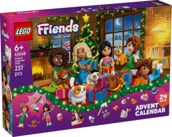 LEGO Friends Kalendarz Adwentowy 2025, fioletowe pudełko z bohaterkami i zwierzętami, widok z przodu.