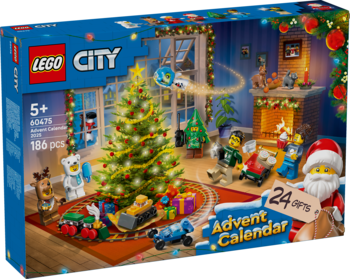 LEGO City Kalendarz Adwentowy 2025, granatowe pudełko. Scena świąteczna: Mikołaj, choinka, figurki, pociąg, 24 okienka.
