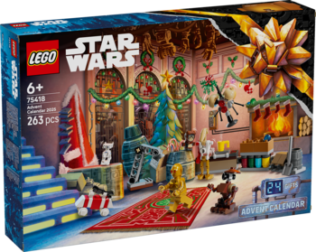 Frontowe ujęcie kalendarza adwentowego LEGO Star Wars (263 el.), z kolorową świąteczną sceną z bohaterami.