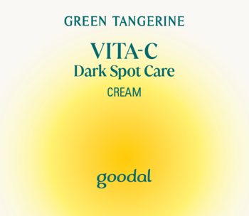 Etykieta Goodal Green Tangerine Vita-C Dark Spot Care Cream, biała z żółtym blaskiem, widok z przodu.