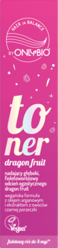 Różowy toner do włosów OnlyBio Hair in Balance Dragon Fruit, z tekstem "toner" i logo Vegan, widok z przodu.