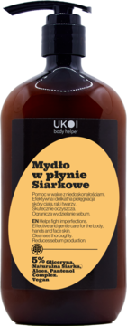 UKOI Mydło Siarkowe, brązowa butelka z czarną pompką, żółta etykieta. Oczyszcza skórę i redukuje sebum.