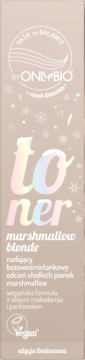 OnlyBio Toner Marshmallow Blonde, beżowe opakowanie z irydowymi literami i śnieżynkami, dla beżowego odcienia.