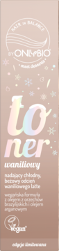 ONLYBIO toner waniliowe latte, beżowa butelka z holograficznym napisem. Wegański, edycja limitowana z motywem zimy. Widok z przodu.