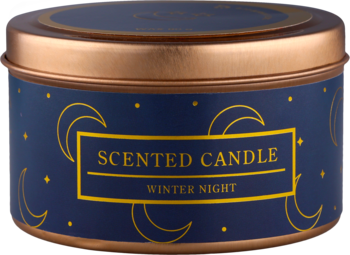 Scented candle Winter Night w granatowej metalowej puszce ze złotymi wzorami księżyców i gwiazd.