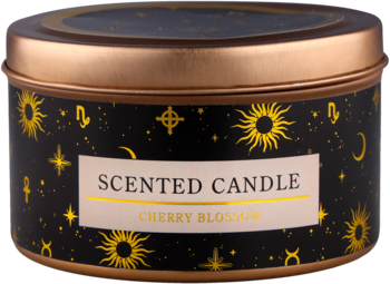 Czarna świeca zapachowa Cherry Blossom w metalowej puszce z złotym wieczkiem i astrologicznym wzorem.