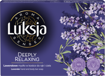 Luksja mydło w kostce lawendowe, fioletowe opakowanie z grafiką lawendy i napisem "Deeply Relaxing".