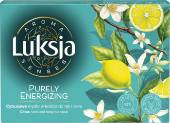 Luksja Purely Energizing cytrusowe mydło w kostce, turkusowe opakowanie z grafiką cytryn i kwiatów, widok przód.