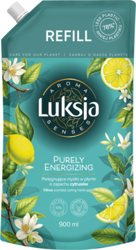 Luksja Senses Purely Energizing mydło w płynie, refill 900ml, turkusowa torebka z cytrynami, widok z przodu.