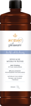 Brązowa butelka sensualnego mydła Sense of Pleasure Moc Żywiołu, 1L, z olejem Monoi, widok z przodu.