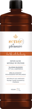 Sense of Pleasure ujędrniające mydło w płynie 1L, brązowa butelka z czarną nakrętką, etykieta z awokado i pantenolem.