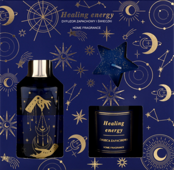 Zestaw Eloy: granatowy dyfuzor i dwie świeczki (gwiazda, walec) w pudełku ze złoto-gwiezdnym wzorem.