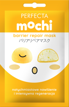 Żółto-biała saszetka Perfecta Mochi Barrier Repair Mask, regenerująca, z rysunkami mochi, widok z przodu.