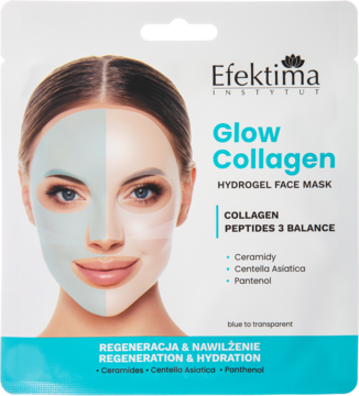 Efektima Glow Collagen Hydrogel Face Mask, biało-turkusowy sachet, z kolagenem i peptydami, widok z przodu.
