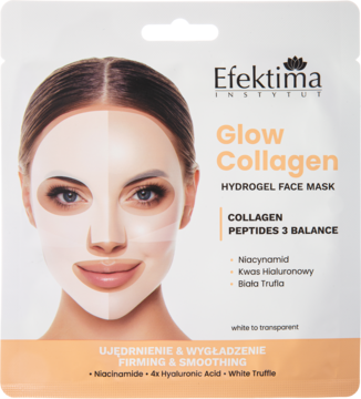 Efektima Glow Collagen Hydrogel Face Mask, sachet z kobietą w masce, widok z przodu. Ujędrnia, wygładza skórę.